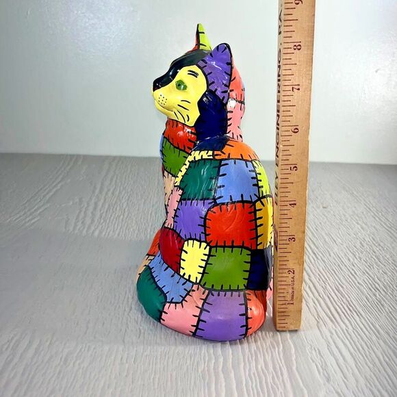 Vtg Ceramic Hand Painted Patchwork Quilt Cat Figurine Singed Cat Home Decor - Picture 9 of 9